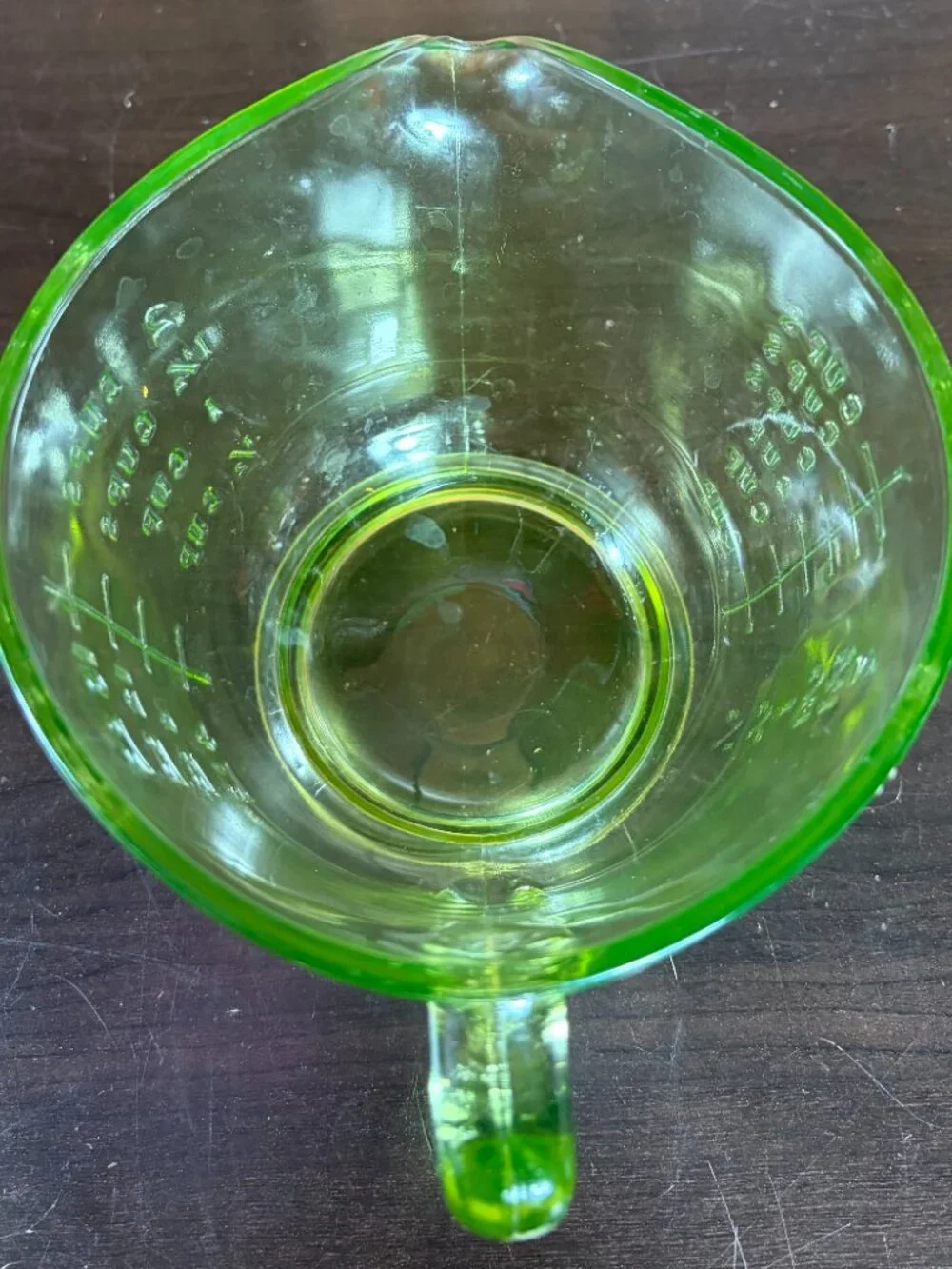 Vintage Green Depression Uranium Glass Citrus Reamer and Measuring Cup Set